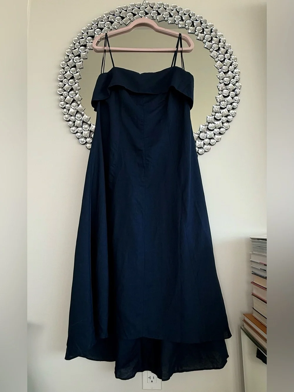 Linen Navy Spaghetti-Strap Midi Dress